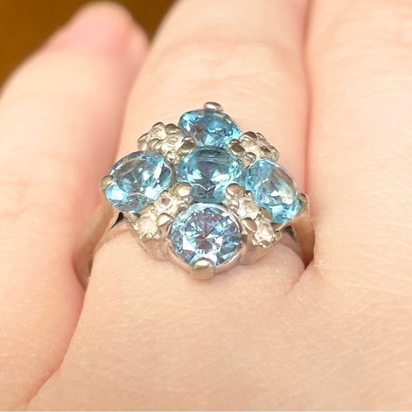 swiss blue topaz diamond flower snowflake 10k solid white gold cluster r… - Picture 2 of 11